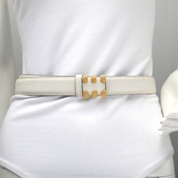 Vintage TILLA Leather Belt White Gold Studded Claw Pin Buckle Italy 80s Retro - Picture 4 of 11